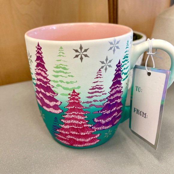 Purple and Pink Christmas Trees with Metallic Gold on a Teal Soft Touch Mug NWT - Picture 2 of 4